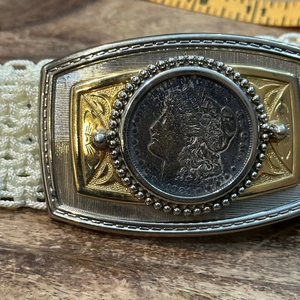 Men's Silver Gold Morgan Silver Dollar Buckle Belt vintage cowboy rare